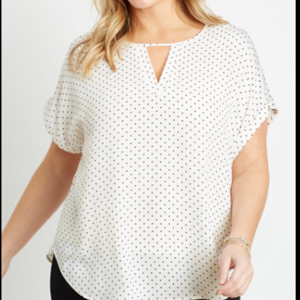 White polka dot cut out neck short sleeve blouse